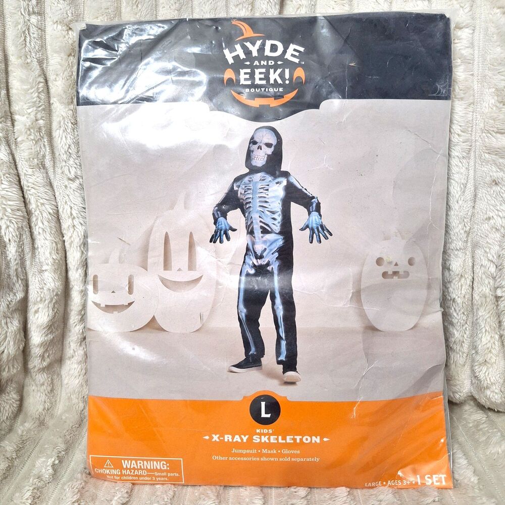 New-Kids X-Ray Spooky Skeleton Halloween Costume Jumpsuit Gloves Mask L 10-12